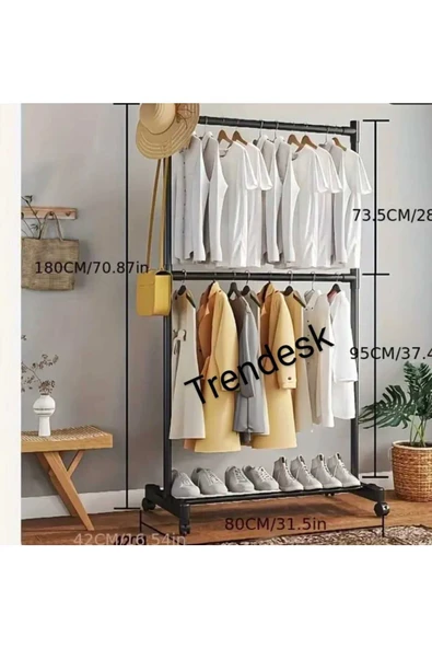 TRENDESK Metal Siyah Çift Askılı Elbise Askılığı Konfeksiyon Askılık Tekerlekli 6008 ürün görseli 1