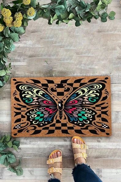 Valerine Life Damalı Kelebek Desenli Hoş Geldiniz Kapı Önü Paspası 45x70cm ürün görseli 1