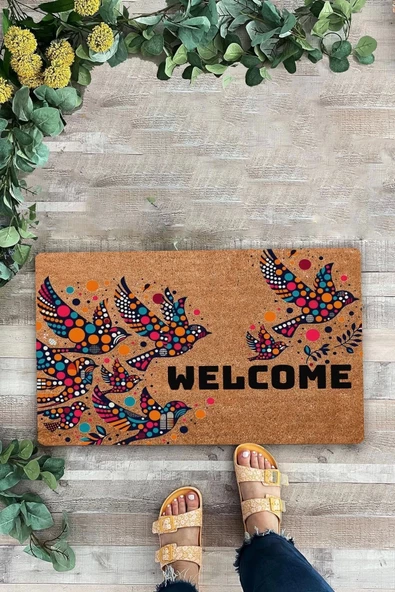 Valerine Life Damla Desenli Kuşlar Hoş Geldiniz Kapı Önü Paspası 45x70cm ürün görseli 1