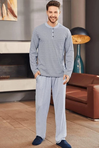 Mecit 22759 Erkek Mavi Şardonlu Kışlık Büyük Beden Pijama Takımı ürün görseli 1