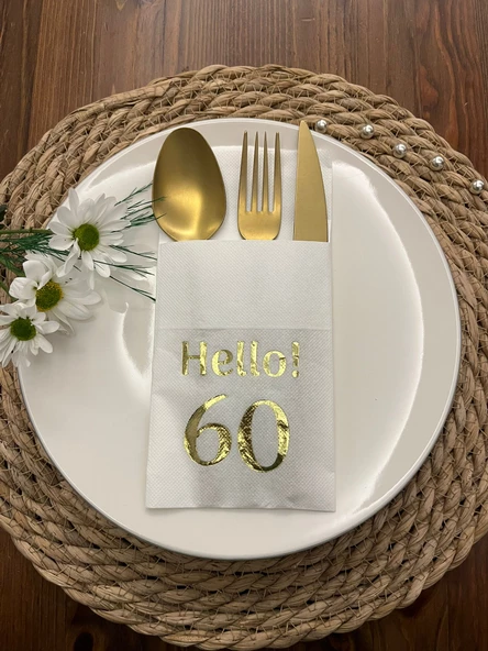 Gold Yaldızlı Beyaz Cepli Hello Altmış Yaş Peçete 12 Adet 40x40 ürün görseli 1