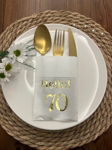 Gold Yaldızlı Beyaz Cepli Hello Yetmiş Yaş Peçete 12 Adet 40x40 ürün görseli 1