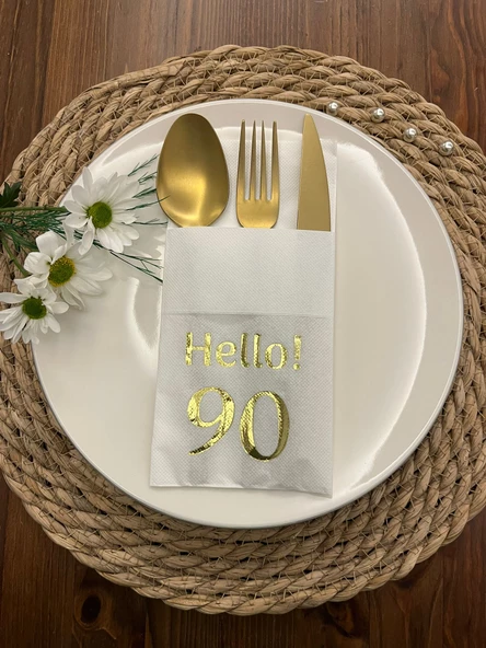 Gold Yaldızlı Beyaz Cepli Hello Doksan Yaş Peçete 12 Adet 40x40 ürün görseli 1