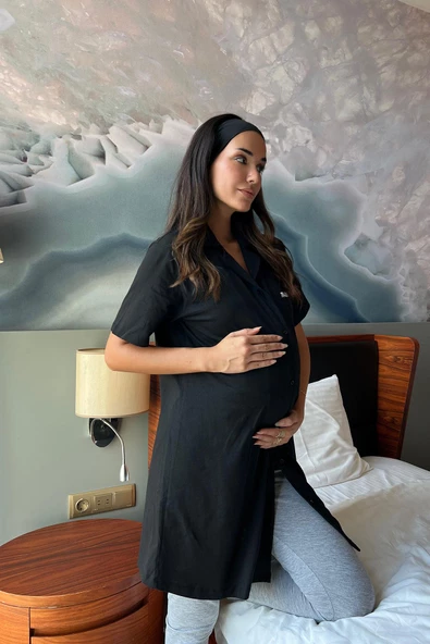 Mama Nakışlı Gömlek Yaka Hamile Gecelik - Resim 4