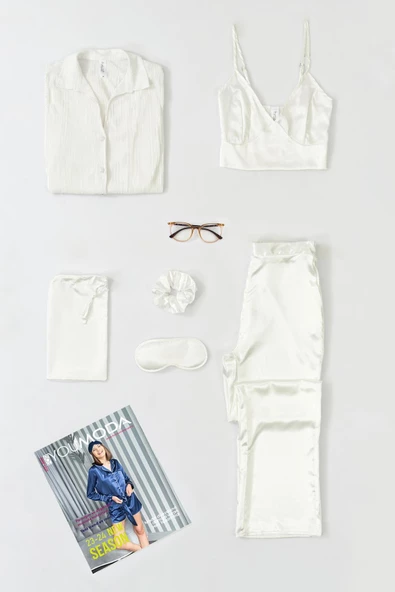 6'lı Pliseli Ekru Bustiyerli Pijama Takım ürün görseli 1