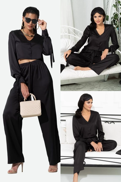5'li İçeride&Dışarıda Kol Baglama Detaylı Siyah Pijama Takım ürün görseli 1