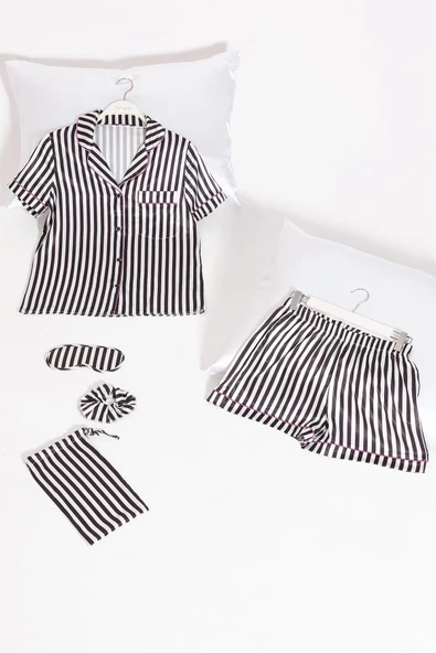 5'li Siyah Beyaz Çizgili Saten Pijama Şort Takım ürün görseli 1