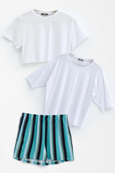 3'lü Crop Kısa  Kol ve Yarasa Kol Tshirt  Şort Takım ürün görseli 1