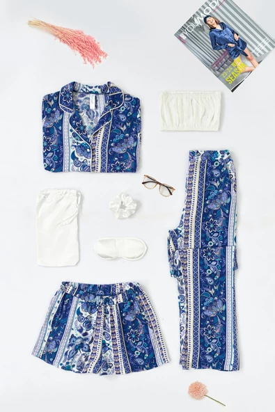 7'li Viskon Hem İçeride Hem Dışarıda Etnik Desen Mavi Pijama Takımı ürün görseli 1