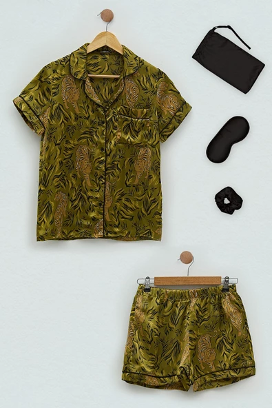 5'li Saten Kaplan Desen Yeşil Pijama Şort Takım ürün görseli 1