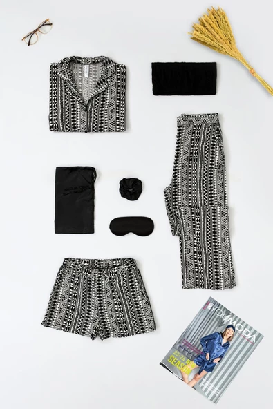 7'li Viskon Hem İçeride Hem Dışarıda Asimetrik Desen Siyah Pijama Takımı ürün görseli 1