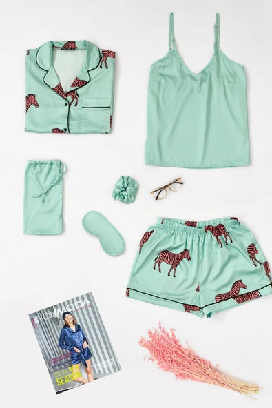 6'lı Zebra Desen Yeşil Saten Pijama Şort Takım ürün görseli 1
