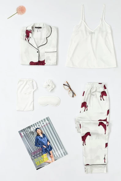 6'lı Zebra Desen Ekru Saten Pijama Takımı ürün görseli 1