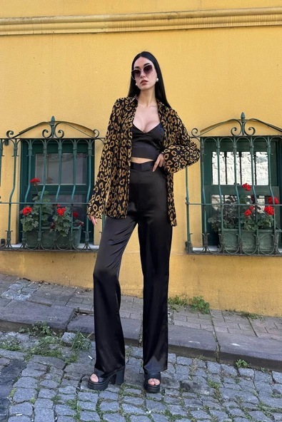 3'lü Saten Leopar Desenli Bustiyer Pantolon Siyah Takım ürün görseli 1