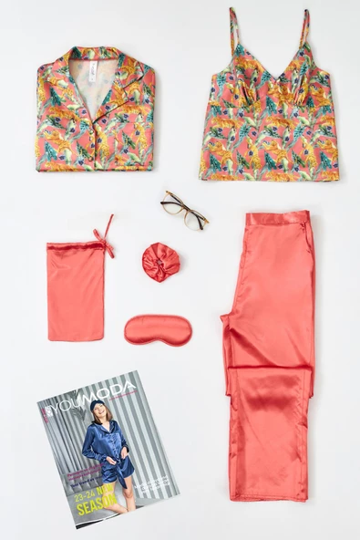 6'lı Kaplan Desen Nar Çiceği Pijama Takımı ürün görseli 1