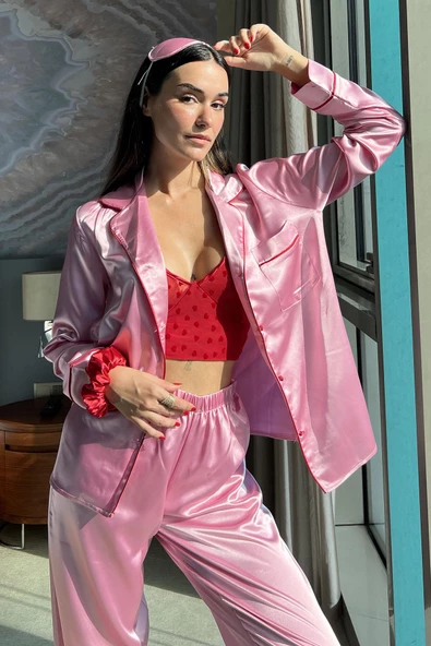 5'li Bustiyerli Biyeli Pembe Saten Pijama Takımı ürün görseli 1