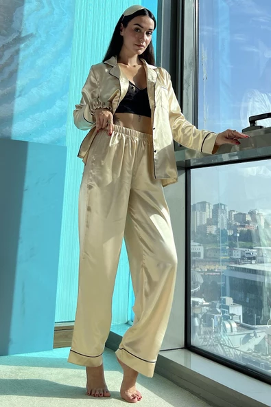 5'li Bustiyerli Biyeli Taş Saten Pijama Takımı ürün görseli 1