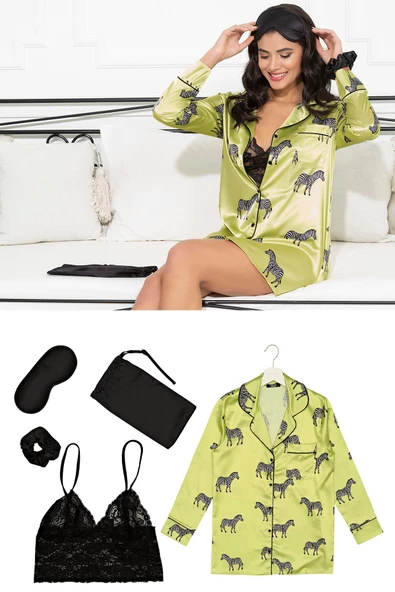 Saten 5 li Zebra Desenli Nightshirt Takım ürün görseli 1