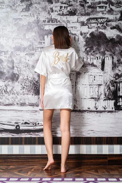 Saten Gold Bride Nakışlı Gelin Sabahlığı ürün görseli 1