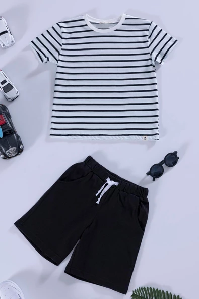 Çizgili Tshirt Şort Siyah Takım - Resim 2