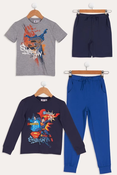 4'lü Süper Man Baskılı Lacivert Tshirt Şort Pantolon Takım ürün görseli 1