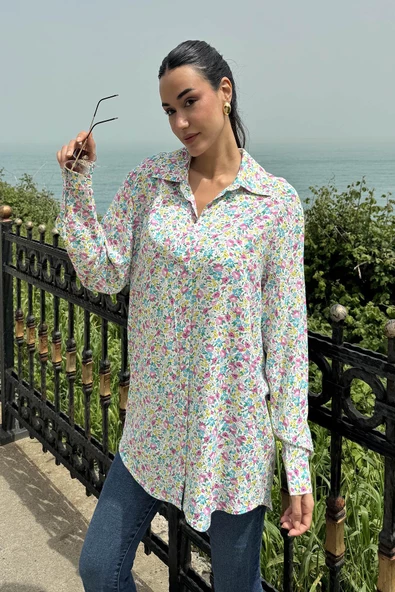 Çiçek Desen Pembe Mavi Viskon Gömlek - Resim 4