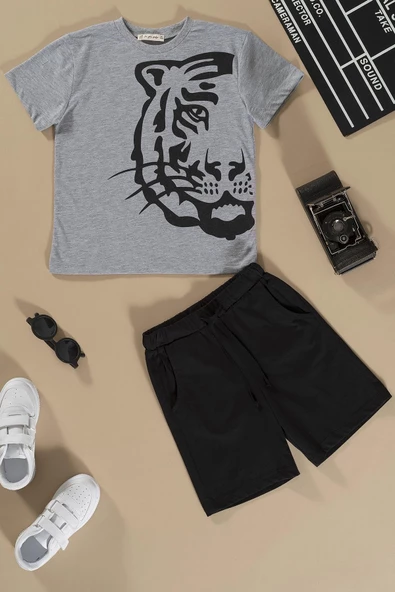 Kaplan Baskılı Siyah Tshirt Şort Takım ürün görseli 1