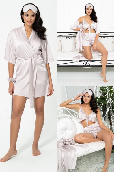 6'lı Sabahlıklı Taş Saten Pijama Şort Takımı ürün görseli 1