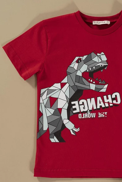 Dinozor Baskılı Kırmızı Alt Üst Şort Takım - Resim 2