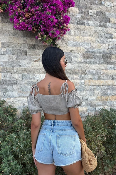 Omuzdan Baglamalı Crop Bluz - Resim 4
