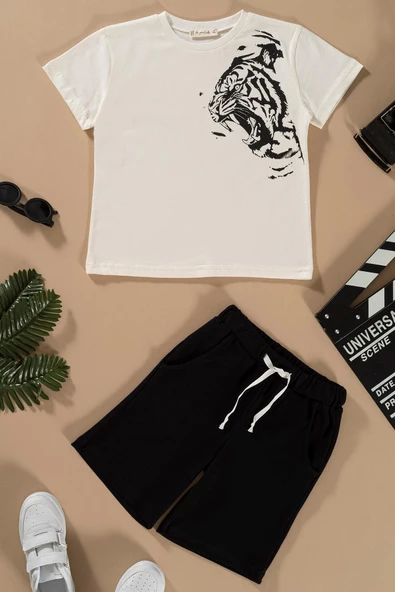 Kaplan Baskılı Siyah Tshirt Şort Takım ürün görseli 1
