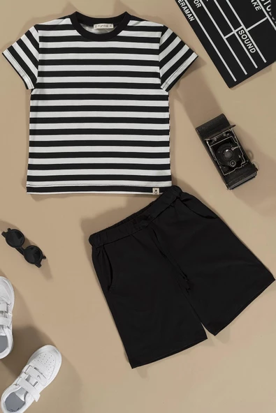 Çizgili Siyah Tshirt Şort Takım ürün görseli 1
