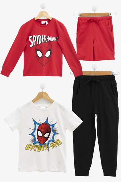 4'lü SPİDER-MAN Baskılı Tshirt Şort Pantolon Kırmızı Takım ürün görseli 1