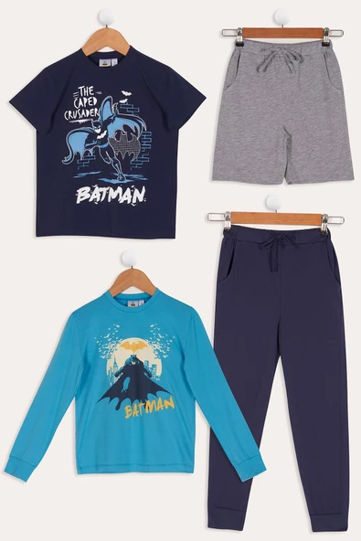 4'lü Batman Baskılı Lacivert Tshirt Şort Pantolon Takım ürün görseli 1