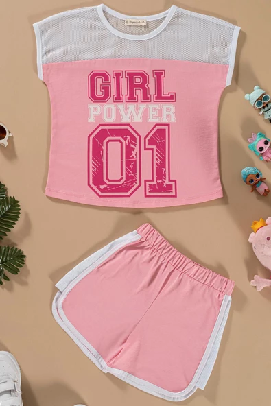 File Detaylı Baskılı Pembe Tshirt Şort Takım ürün görseli 1