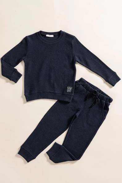 2'li Pamuk Waffle Sweat Jogger Lacivert Alt Üst Takım ürün görseli 1