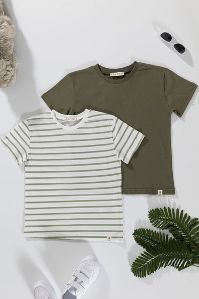 2'li Cizgili Yeşil Beyaz Tshirt ürün görseli 1