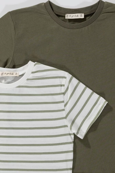 2'li Cizgili Yeşil Beyaz Tshirt - Resim 2