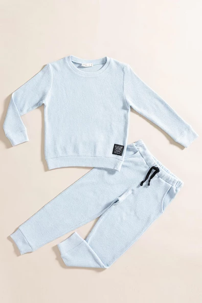 2'li Pamuk Waffle Sweat Jogger Mavi Alt Üst Takım ürün görseli 1