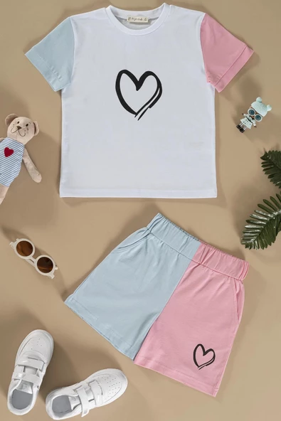 Kalp Baskılı Pembe Tshirt Şort Takım ürün görseli 1