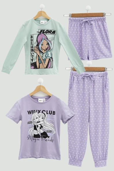 4'lü Winx Baskılı Tshirt Şort Pantolon Lila Takım ürün görseli 1