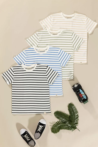4'lü Erkek Çocuk Yeşil Saks Siyah Taş Çizgili Tshirt ürün görseli 1