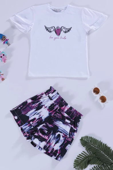 Kalp Kanat Desen Mor Beyaz T-shirt Şort Takım ürün görseli 1