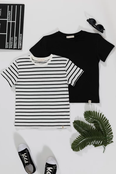 2'li Cizgili Siyah Beyaz Tshirt ürün görseli 1