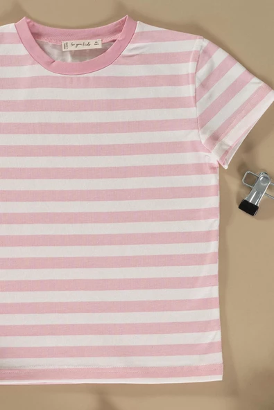 Çizgili Tshirt Şort Pembe Takım - Resim 2
