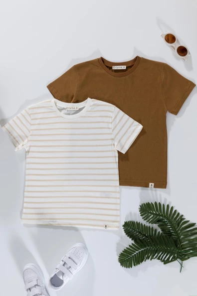 2'li Cizgili Taş Beyaz Tshirt ürün görseli 1