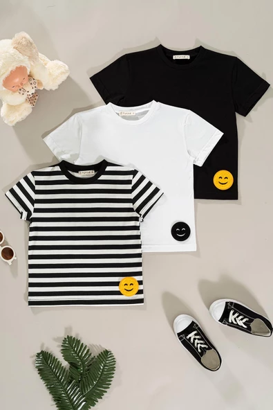 3'lü Emoji Detaylı Siyah Beyaz Çizgili Erkek Çocuk Tshirt ürün görseli 1