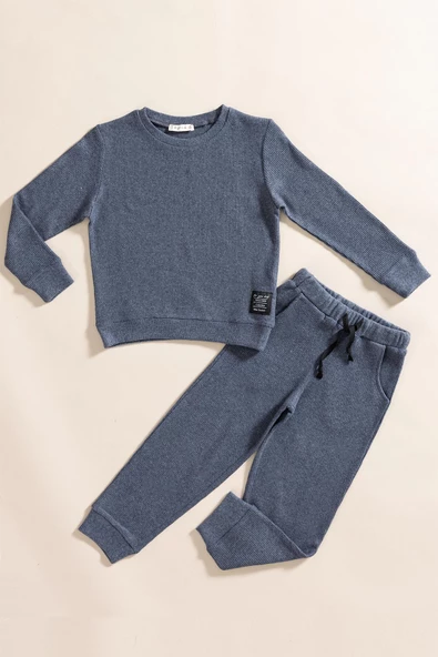 2'li Pamuk Waffle Sweat Jogger İndigo Alt Üst Takım ürün görseli 1