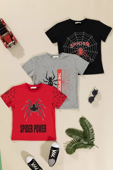 3'lü Spider Baskılı Siyah Kırmızı Gri Tshirt ürün görseli 1