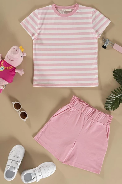 Çizgili Tshirt Şort Pembe Takım ürün görseli 1